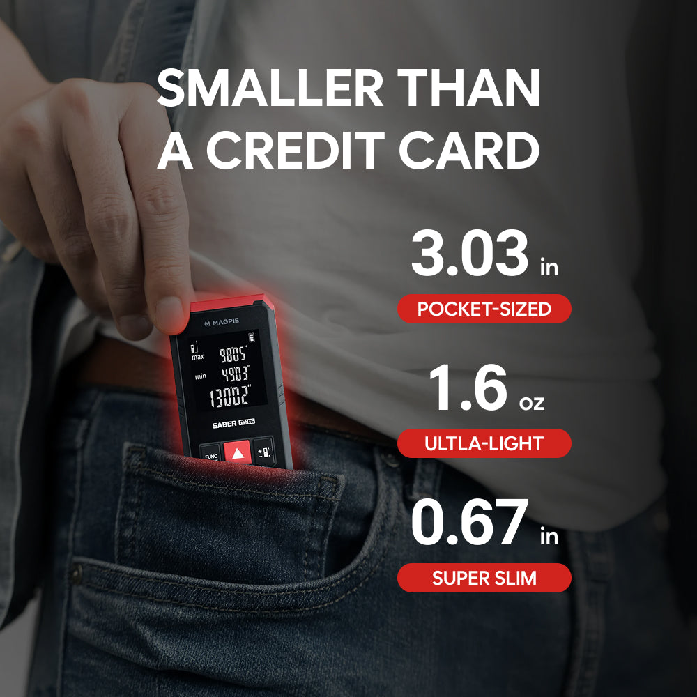 MAGPIE SABER Mini: Pocket-Sized Laser Distance Meter, 131 ft (40 m), ±1/16 in