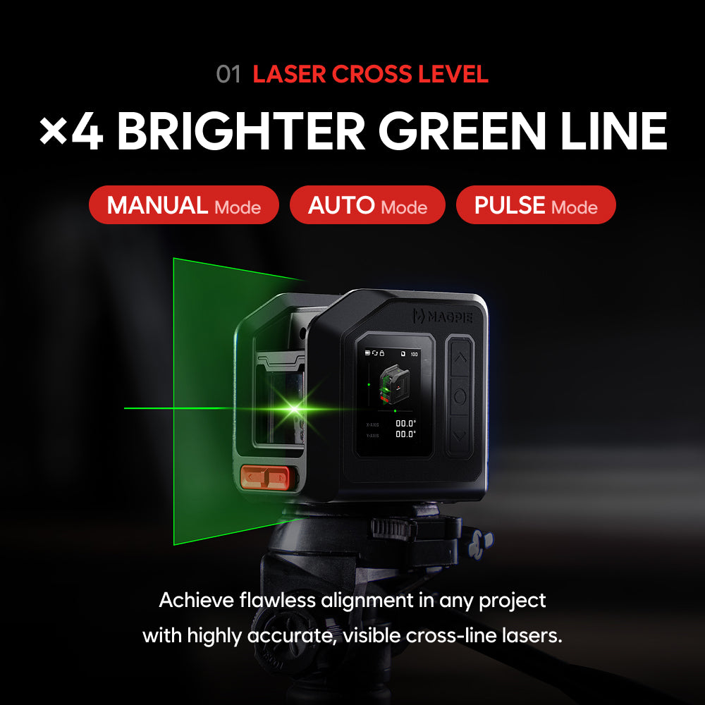 MAGPIE NOVA: 4-in-1 Green Cross Line Laser Level, Laser Distance Meter, Angle & Level Finder
