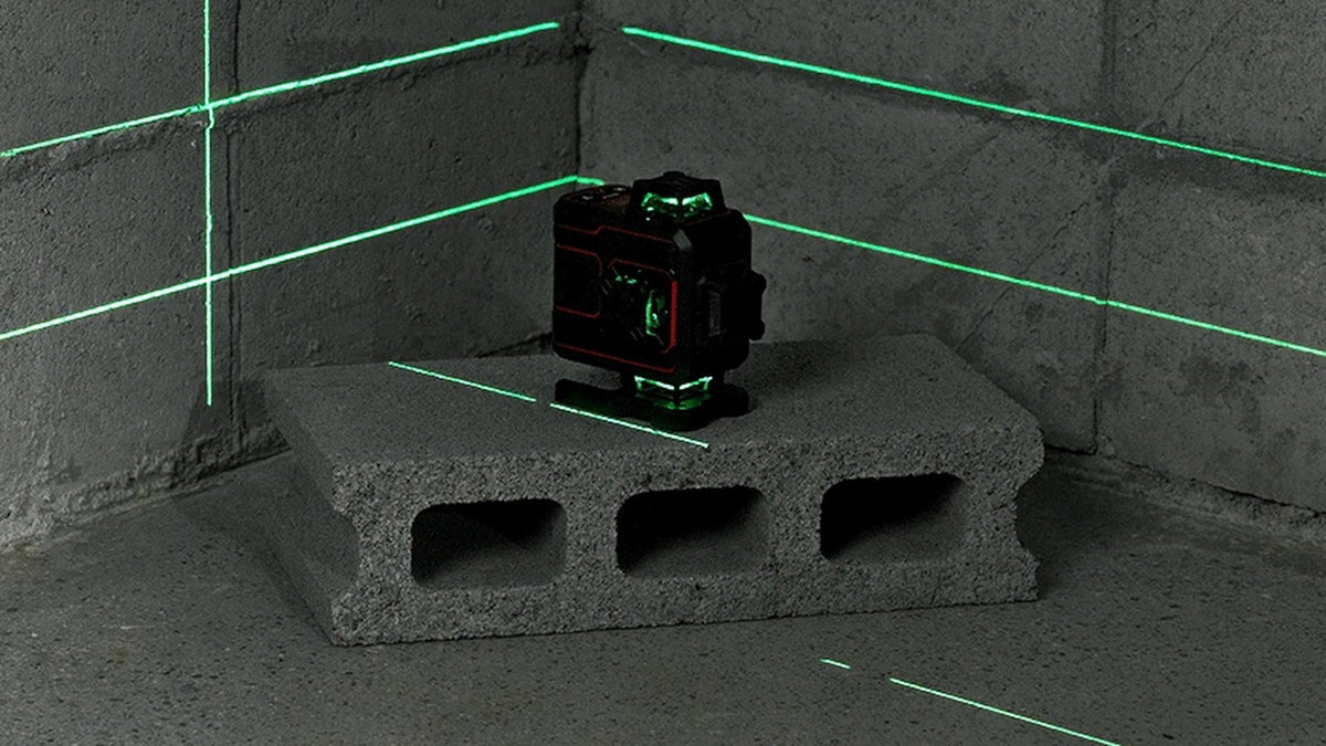 VADER 4D projecting green 360 degree laser lines into a room corner