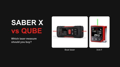 SABER X dual laser distance meter compared with QUBE 3-in-1 laser measure