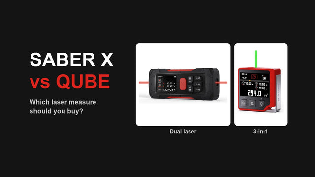 SABER X dual laser distance meter compared with QUBE 3-in-1 laser measure