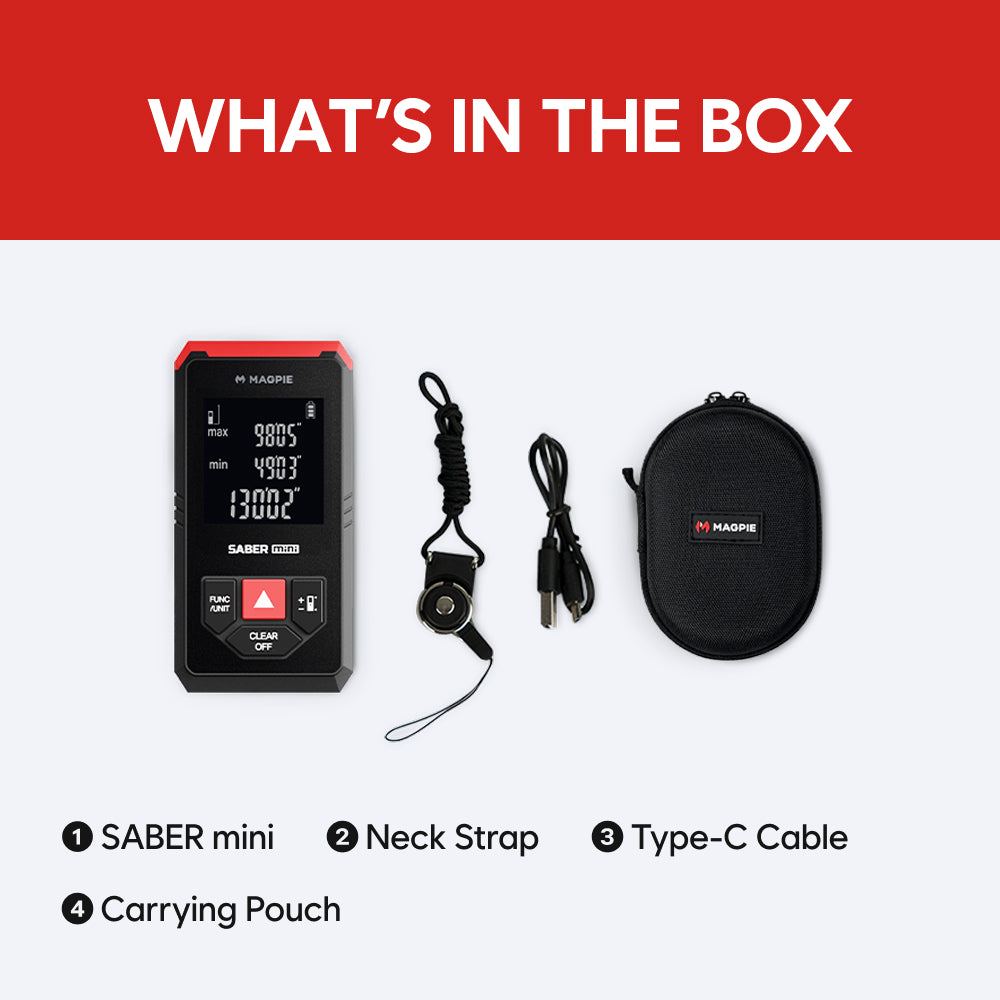 MAGPIE SABER Mini: Pocket-Sized Laser Distance Meter, 131 ft (40 m), ±1/16 in