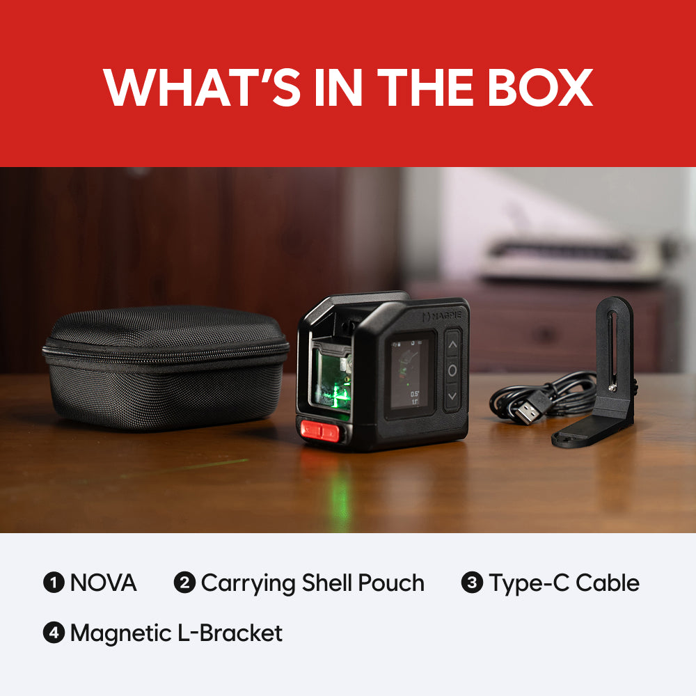 MAGPIE NOVA: 4-in-1 Green Cross Line Laser Level, Laser Distance Meter, Angle & Level Finder